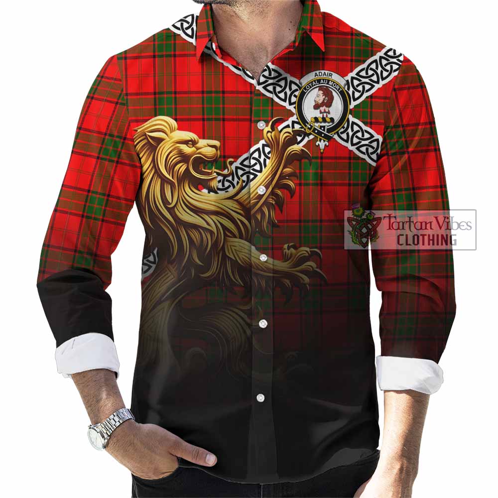 Tartan Vibes Clothing Adair Crest Tartan Long Sleeve Button Shirt with Golden Lion Emblem Celtic Style