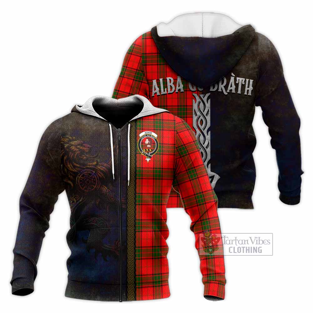 Tartan Vibes Clothing Adair Tartan Family Crest Knitted Hoodie Alba Gu Brath Be Brave Lion Ancient Style