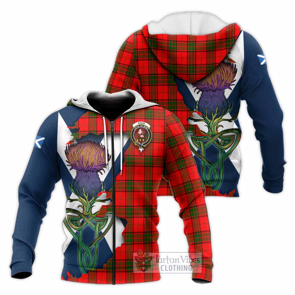 Tartan Vibes Clothing Adair Tartan Family Crest Knitted Hoodie Scottish Thistle Celtic Inspired