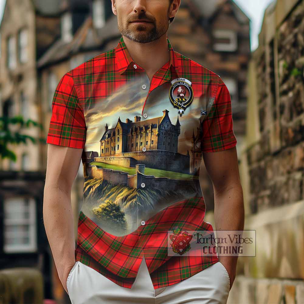 Tartan Vibes Clothing Adair Tartan Family Crest Short Sleeve Button Shirt with Scottish Ancient Castle Style