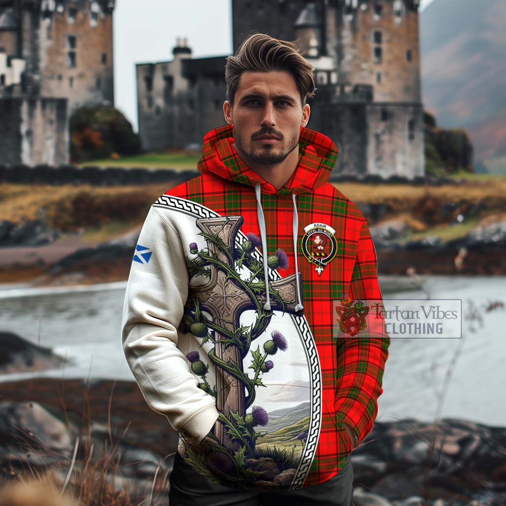 Tartan Vibes Clothing Adair Tartan Cotton Hoodie with Family Crest and St. Andrew's Cross Accented by Thistle Vines