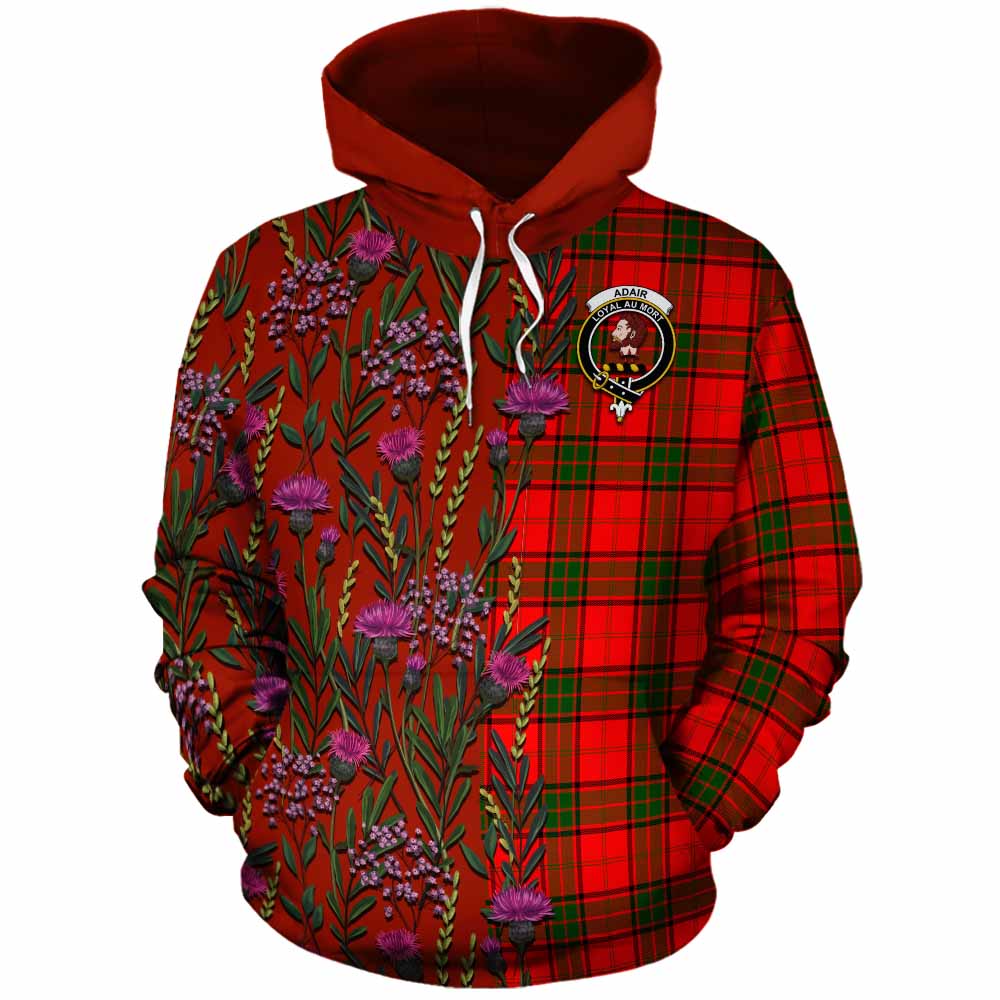 Adair Family Crest Tartan Cotton Hoodie Scottish Thistle Flower Pattern Half Style - Tartan Vibes Clothing