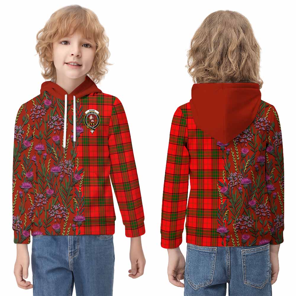Adair Family Crest Tartan Kid Hoodie Scottish Thistle Flower Pattern Half Style - Tartan Vibes Clothing