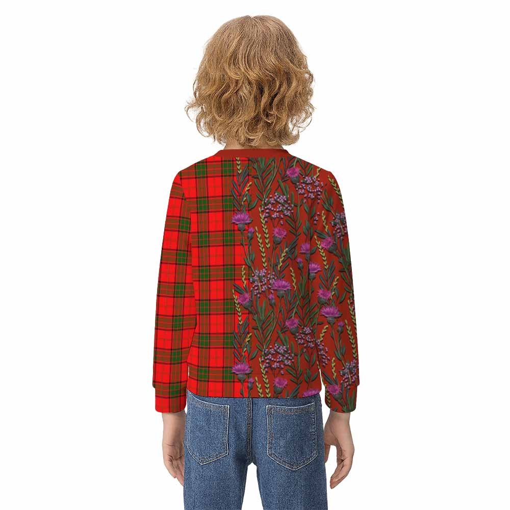 Adair Family Crest Tartan Kid Knitted Sweatshirt Scottish Thistle Flower Pattern Half Style - Tartan Vibes Clothing