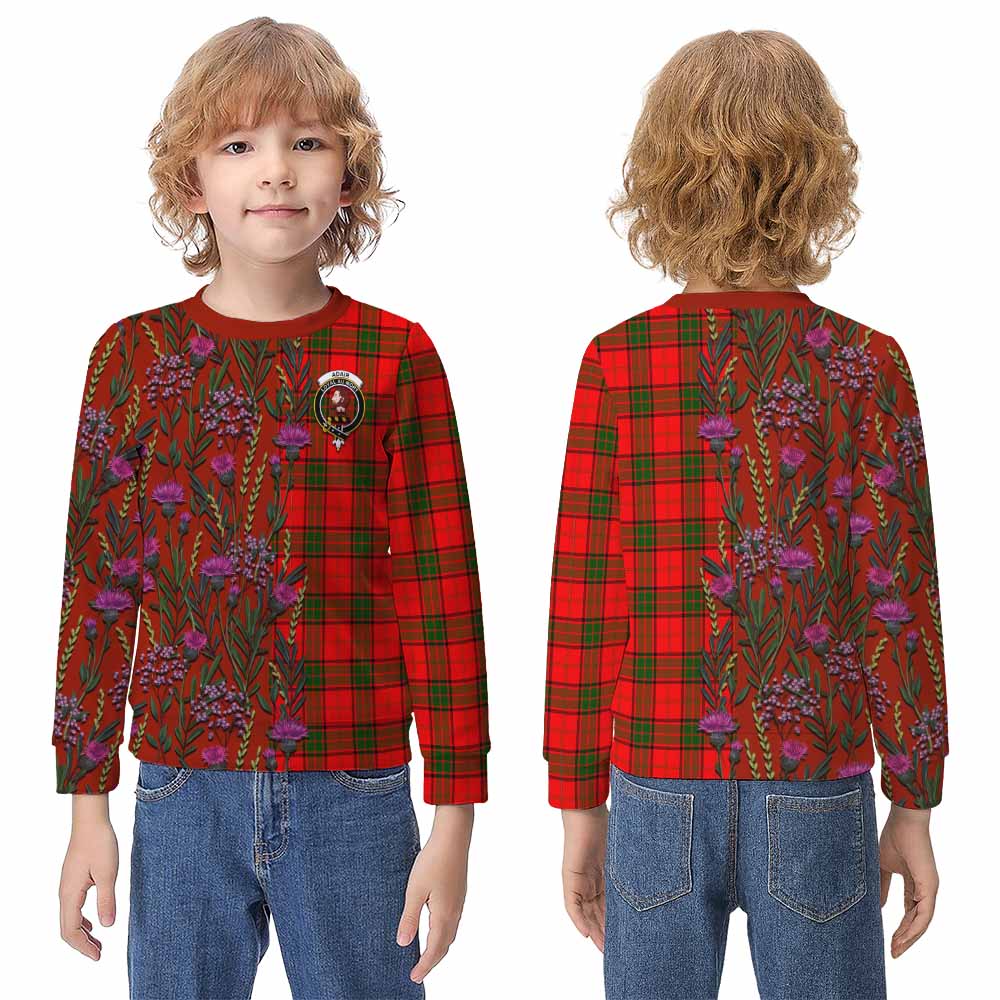 Adair Family Crest Tartan Kid Knitted Sweatshirt Scottish Thistle Flower Pattern Half Style - Tartan Vibes Clothing