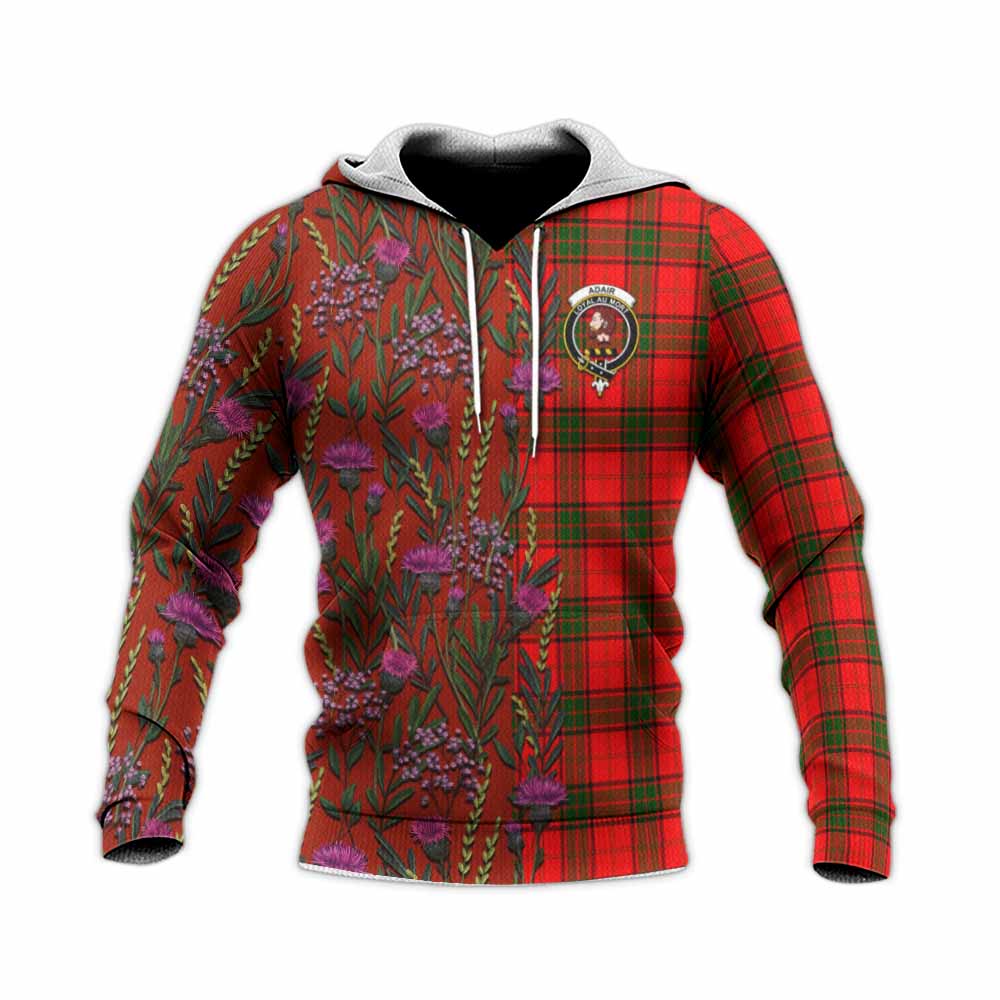 Adair Family Crest Tartan Knitted Hoodie Scottish Thistle Flower Pattern Half Style - Tartan Vibes Clothing