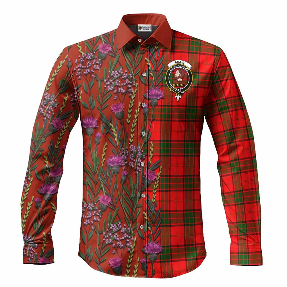 Adair Family Crest Tartan Long Sleeve Button Shirts Scottish Thistle Flower Pattern Half Style - Tartan Vibes Clothing