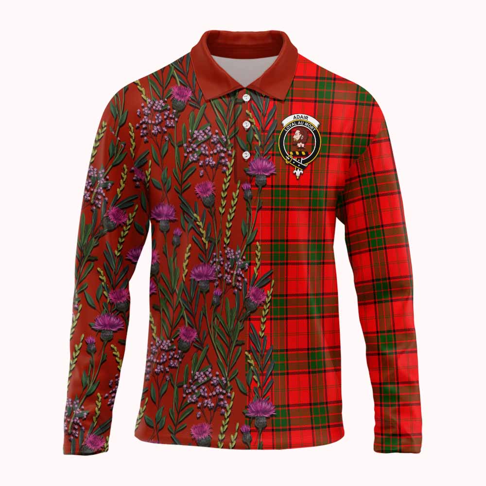Adair Family Crest Tartan Long Sleeve Polo Shirt Scottish Thistle Flower Pattern Half Style - Tartan Vibes Clothing