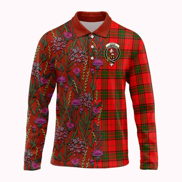 Adair Family Crest Tartan Long Sleeve Polo Shirt Scottish Thistle Flower Pattern Half Style