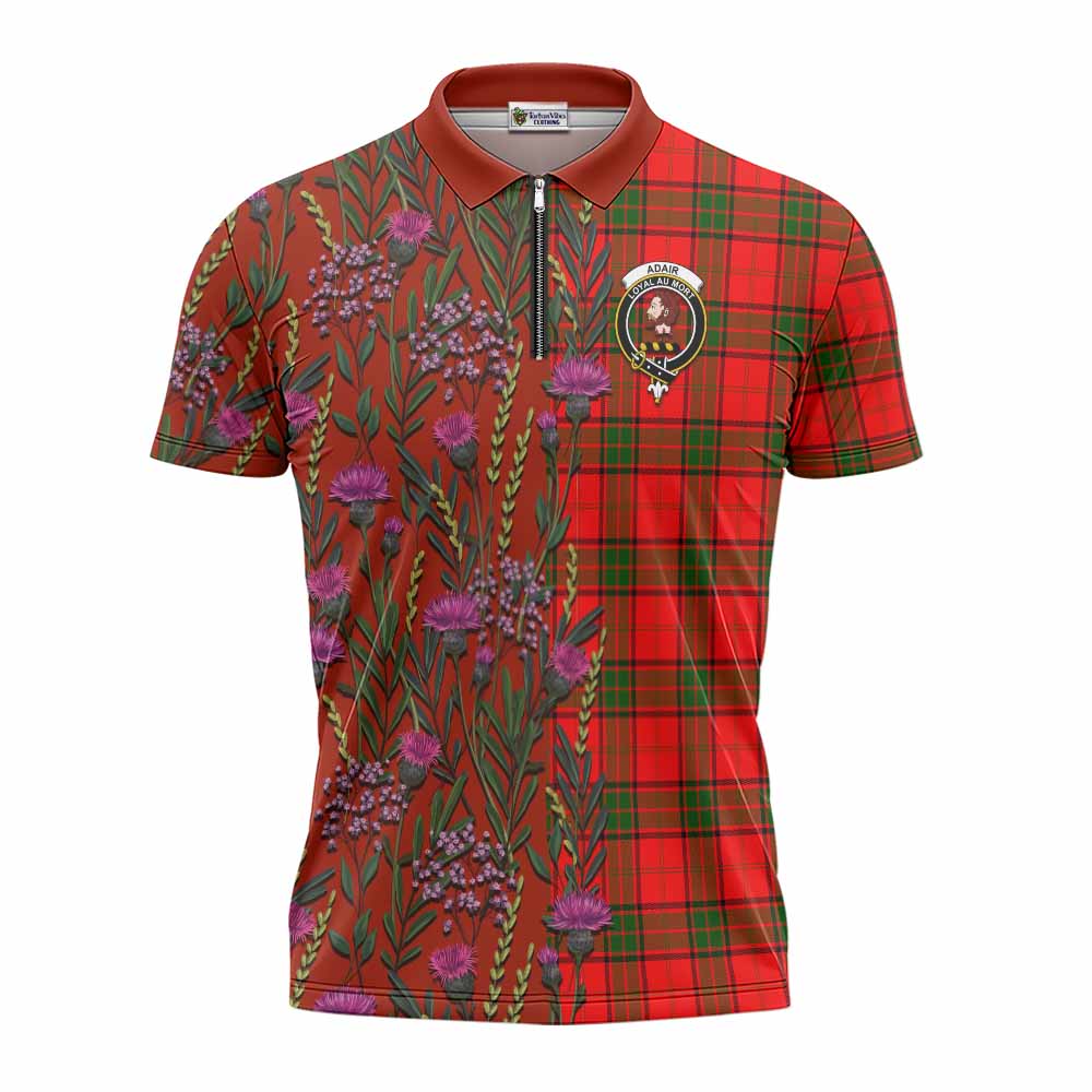 Adair Family Crest Tartan Zipper Polo Shirt Scottish Thistle Flower Pattern Half Style - Tartan Vibes Clothing