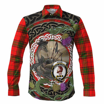 Adair Tartan Crest Bagpipe Nessie Long Sleeve Button Shirts Scottish Loch Ness Monster Celtic Thistle