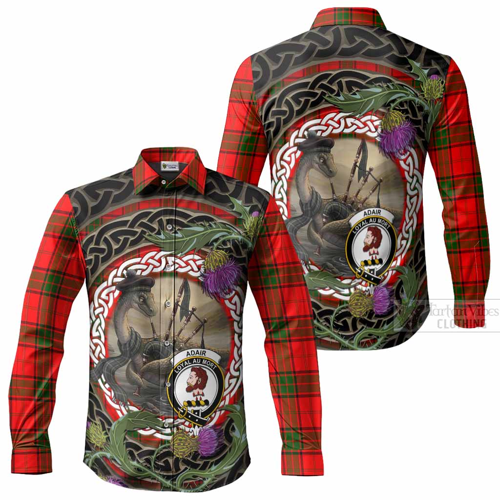 Adair Tartan Crest Bagpipe Nessie Long Sleeve Button Shirts Scottish Loch Ness Monster Celtic Thistle