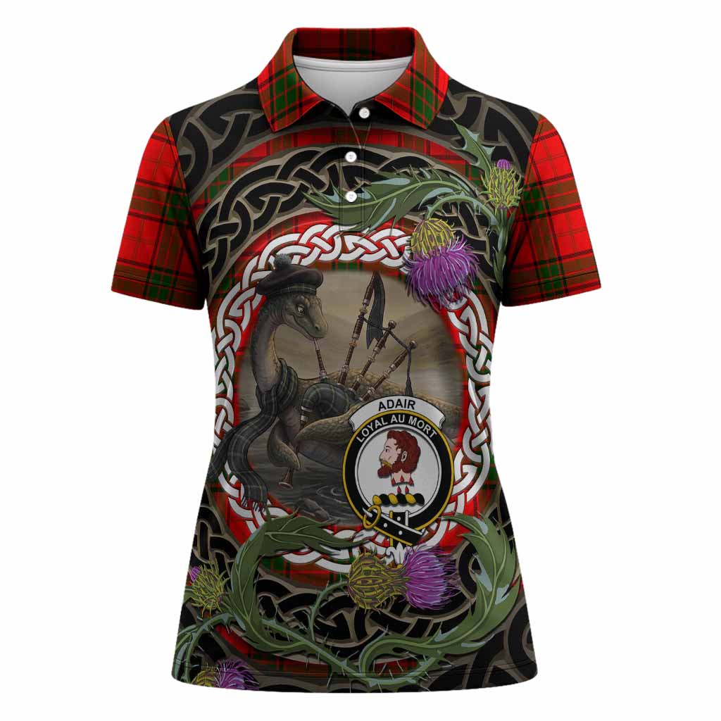 Adair Tartan Crest Bagpipe Nessie Women Polo Shirt Scottish Loch Ness Monster Celtic Thistle