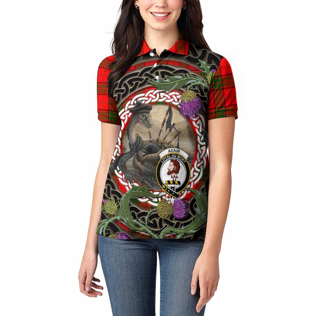 Adair Tartan Crest Bagpipe Nessie Women Polo Shirt Scottish Loch Ness Monster Celtic Thistle