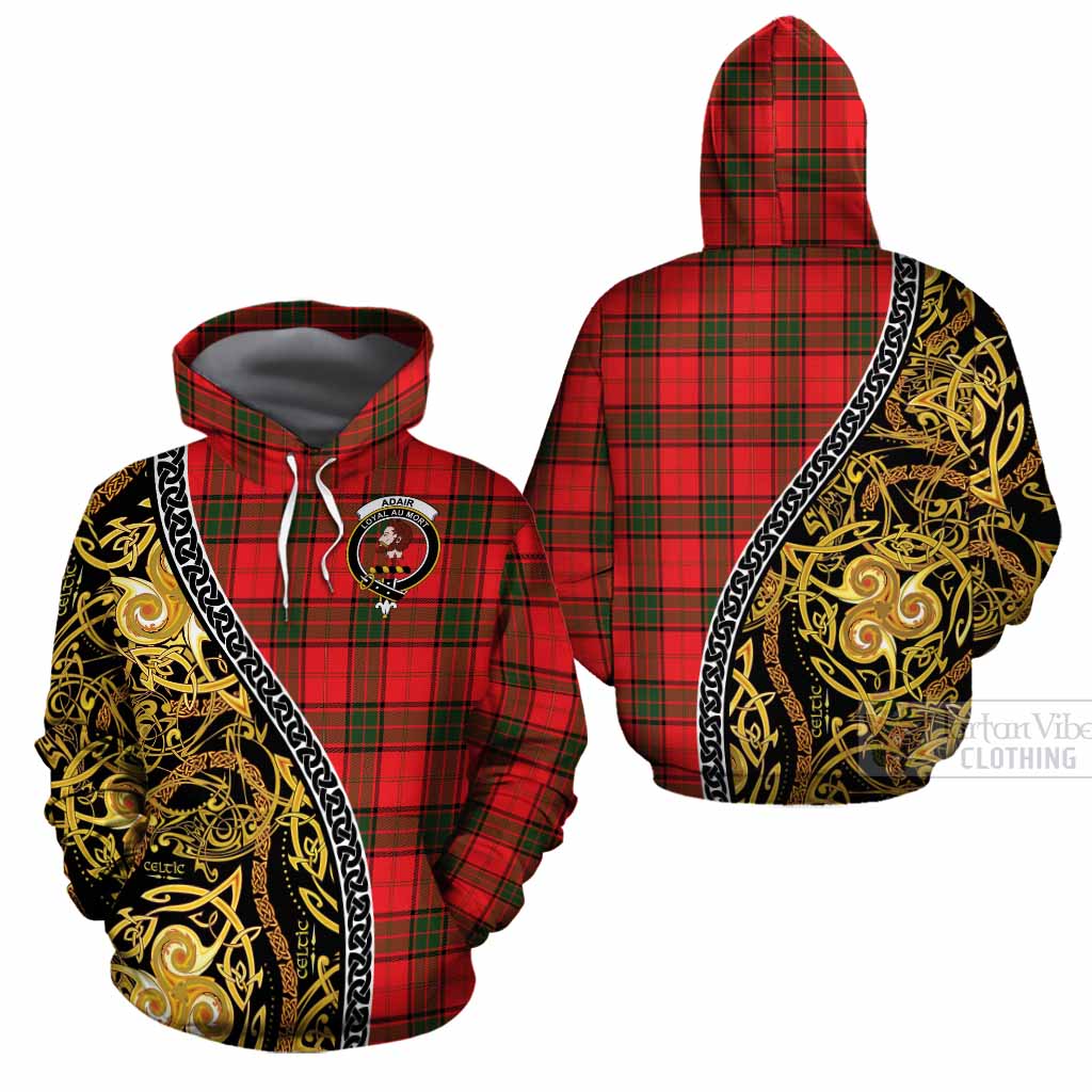 Adair Tartan Crest Cotton Hoodie Celtic Knot and Triple Trickle Spiral Symbols