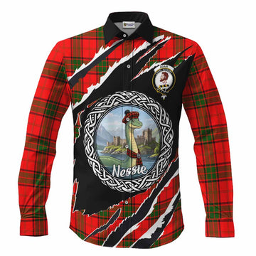 Adair Tartan Crest Loch Ness Monster Long Sleeve Button Shirts Celtic Knot Nessie Art