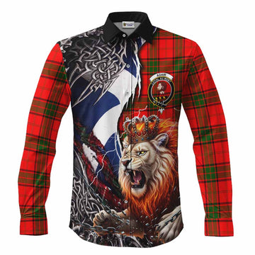 Adair Tartan Crest Long Sleeve Button Shirts Heritage Flag Grunge Celtic Knot and Lion Rampant
