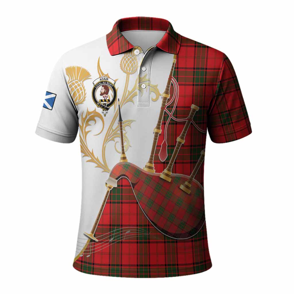 Adair Tartan Family Crest Polo Shirt Bagpipes with Scottish Thistle
