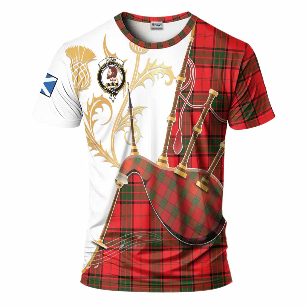 Adair Tartan Family Crest T-Shirt Bagpipes with Scottish Thistle