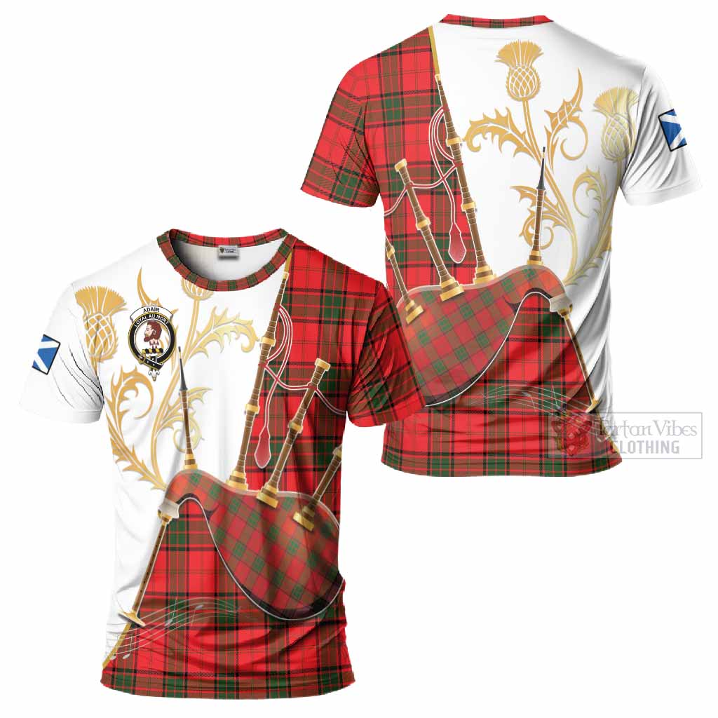 Adair Tartan Family Crest T-Shirt Bagpipes with Scottish Thistle