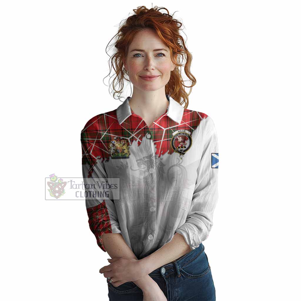 Adair Tartan Women Casual Shirt with Family Crest and Lion Rampant Grunge Style