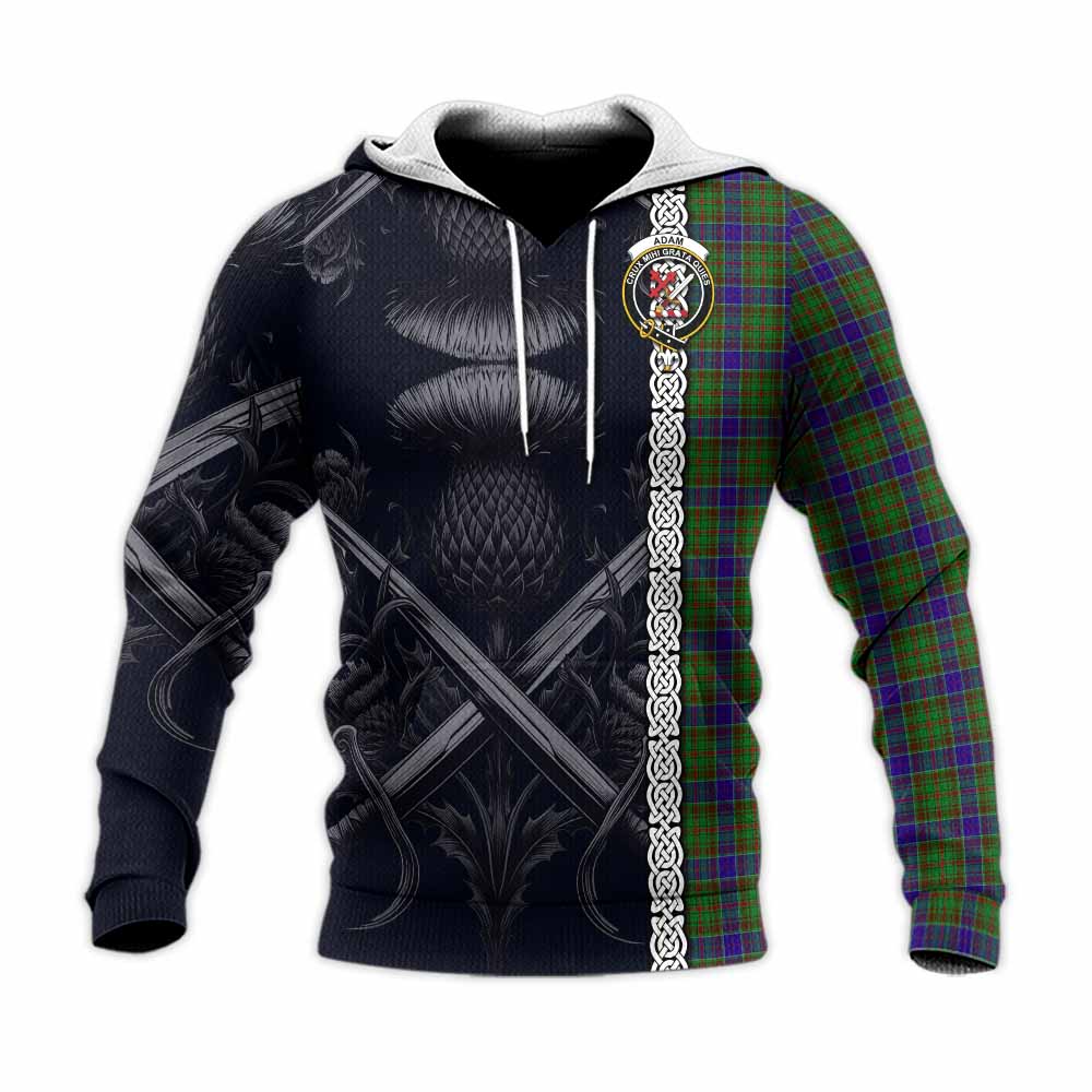 Tartan Vibes Clothing Adam Tartan Knitted Hoodie with Family Crest Cross Sword Thistle Celtic Vibes