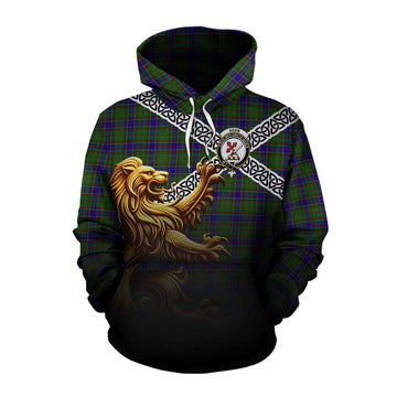 Adam Crest Tartan Cotton Hoodie with Golden Lion Emblem Celtic Style
