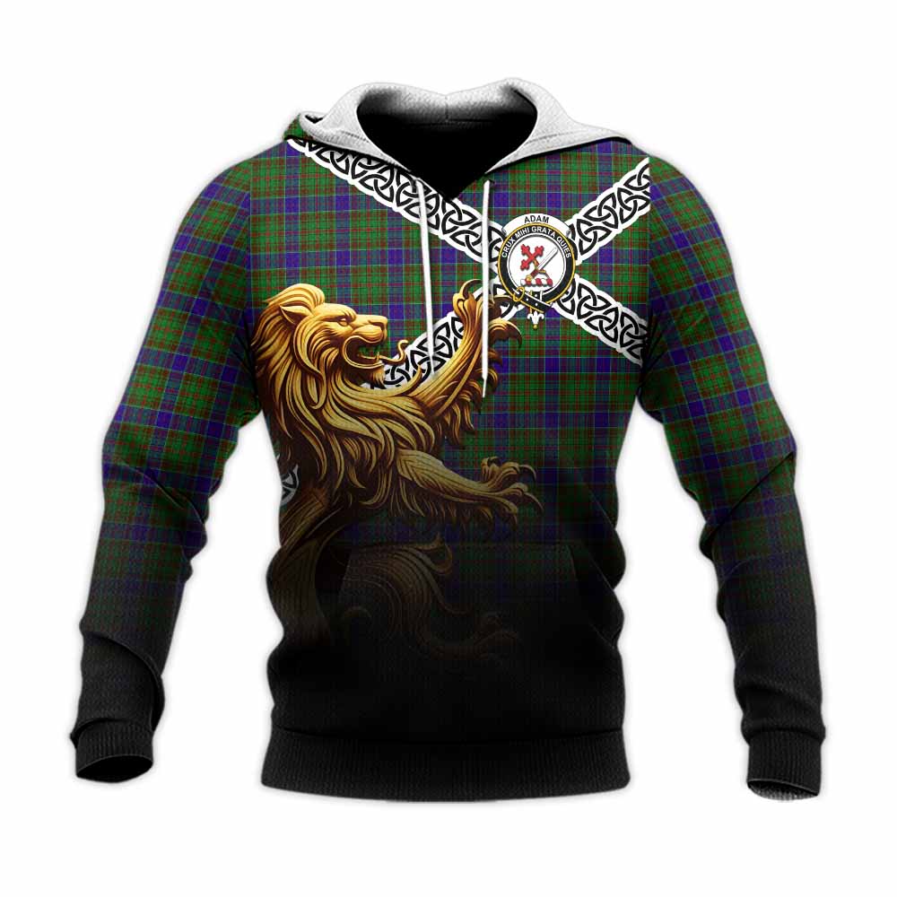 Tartan Vibes Clothing Adam Crest Tartan Knitted Hoodie with Golden Lion Emblem Celtic Style