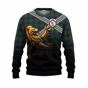 Adam Crest Tartan Knitted Sweater with Golden Lion Emblem Celtic Style