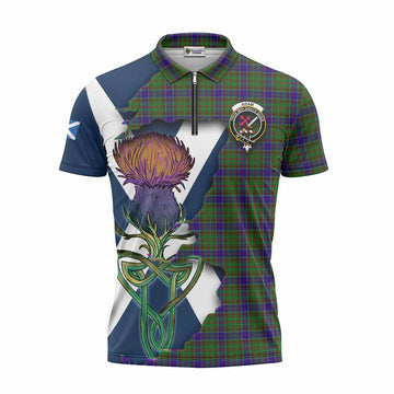 Adam Tartan Family Crest Zipper Polo Shirt Scottish Thistle Celtic Inspired