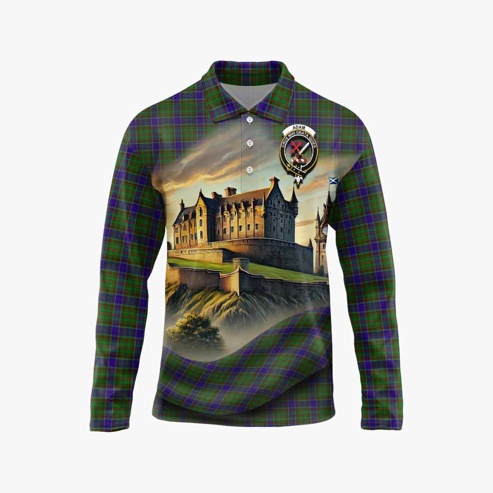 Adam Tartan Family Crest Long Sleeve Polo Shirt with Scottish Ancient Castle Style Unisex - Tartan Vibes Clothing