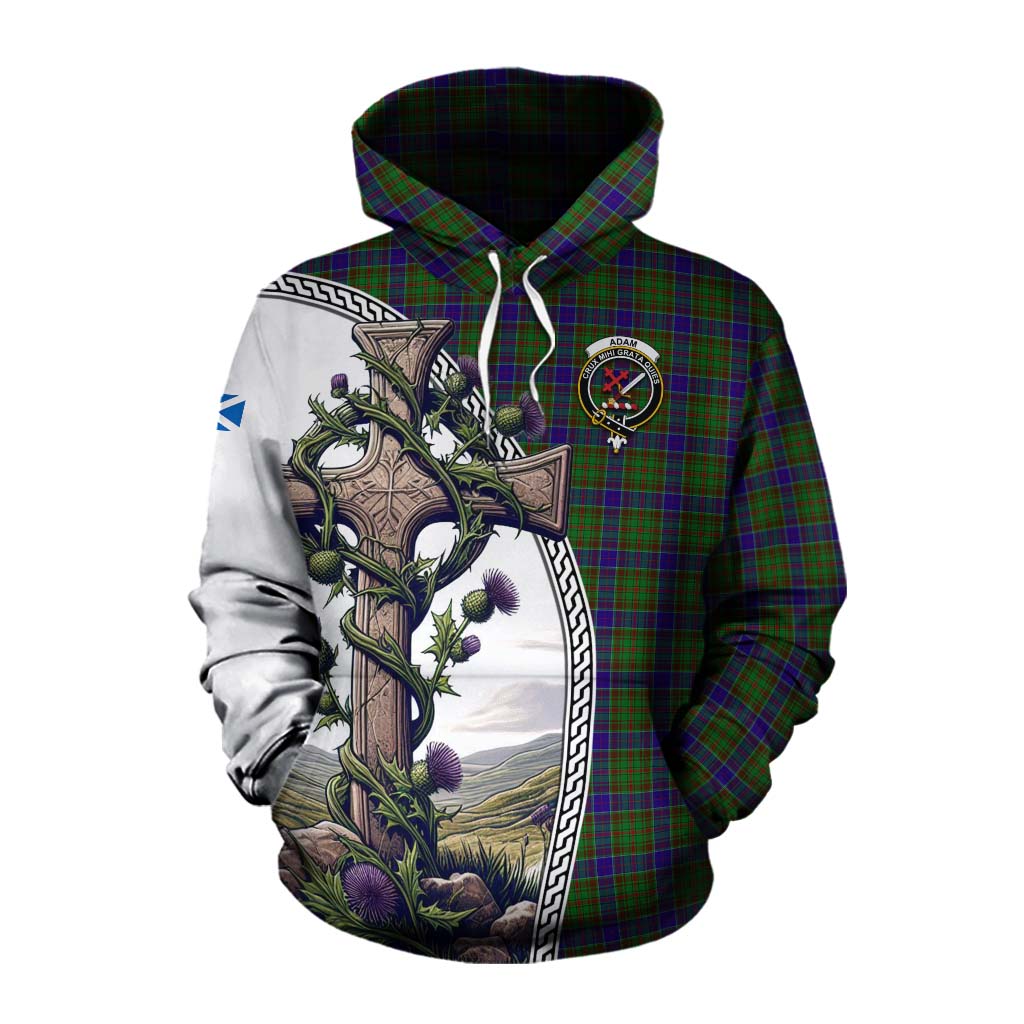Tartan Vibes Clothing Adam Tartan Cotton Hoodie with Family Crest and St. Andrew's Cross Accented by Thistle Vines