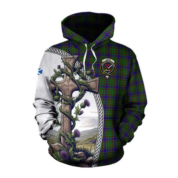 Adam Tartan Cotton Hoodie with Family Crest and St. Andrew's Cross Accented by Thistle Vines