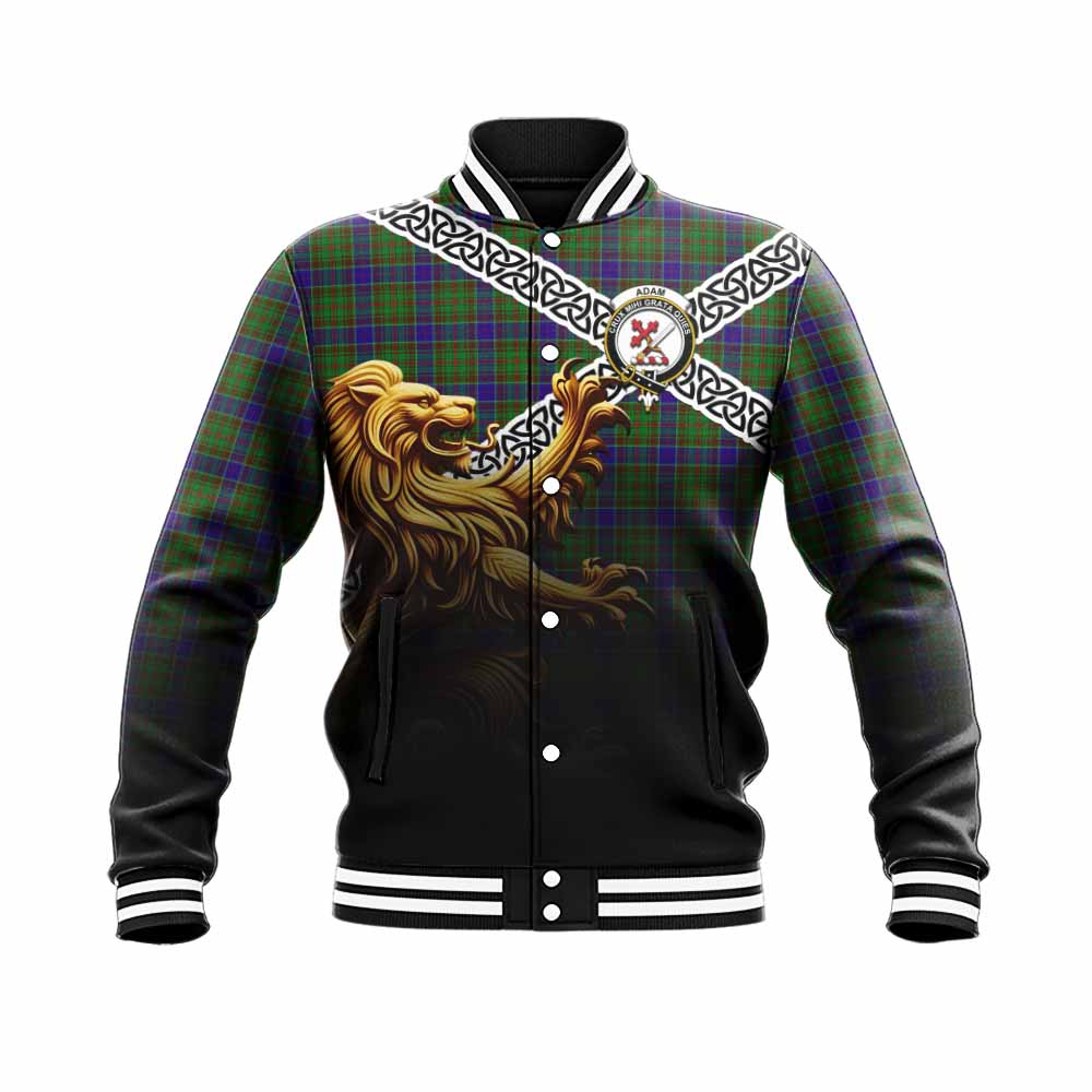 Tartan Vibes Clothing Adam Crest Tartan Baseball Jacket with Golden Lion Emblem Celtic Style