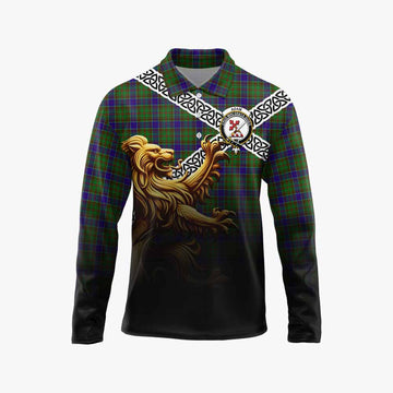 Adam Crest Tartan Long Sleeve Polo Shirt with Golden Lion Emblem Celtic Style