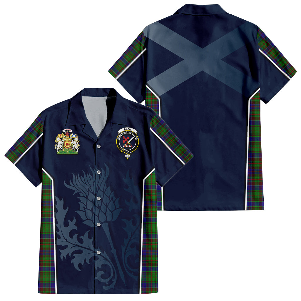 Tartan Vibes Clothing Adam Tartan Short Sleeve Button Up Shirt with Family Crest and Scottish Thistle Vibes Sport Style