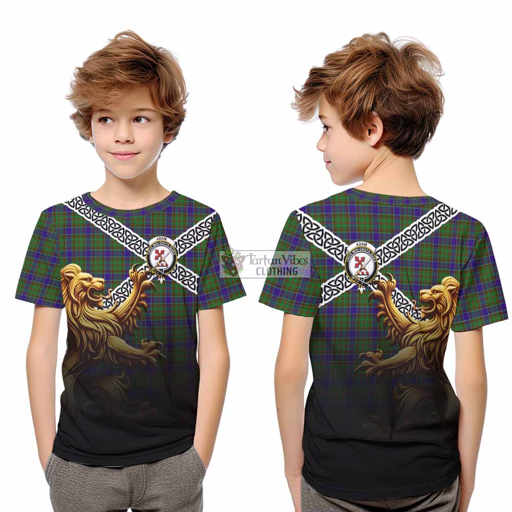 Tartan Vibes Clothing Adam Crest Tartan Kid T-Shirt with Golden Lion Emblem Celtic Style