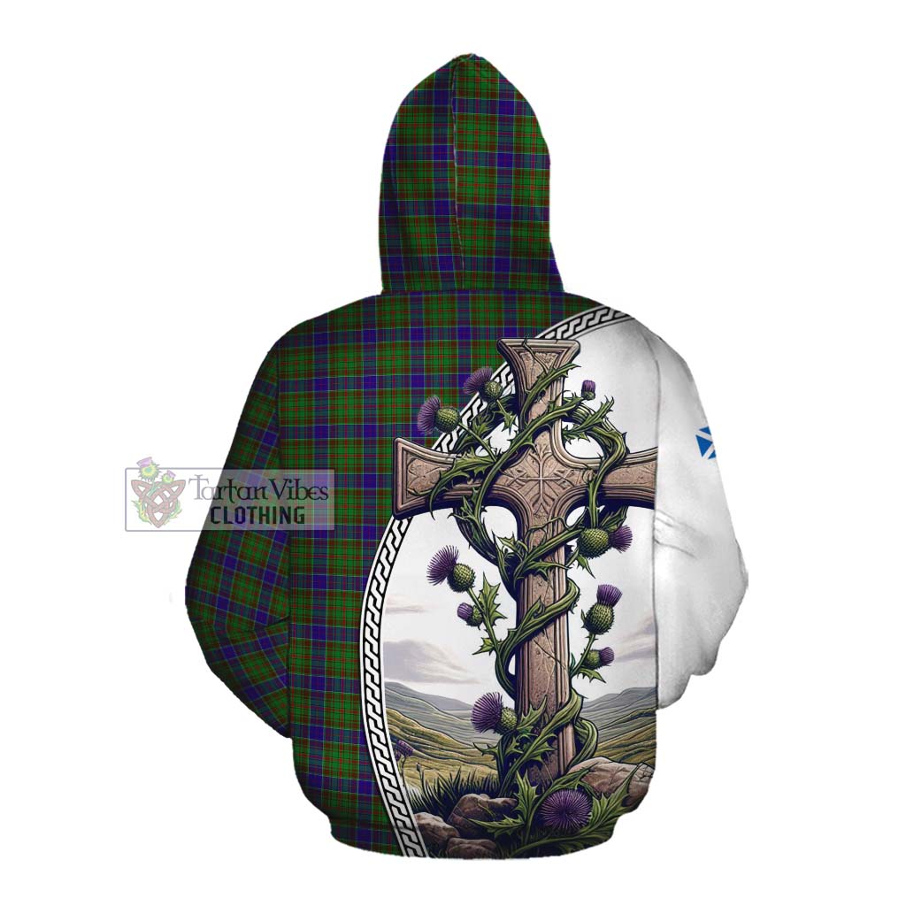 Tartan Vibes Clothing Adam Tartan Cotton Hoodie with Family Crest and St. Andrew's Cross Accented by Thistle Vines