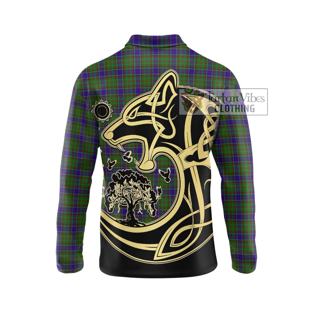 Adam Tartan Long Sleeve Polo Shirt with Family Crest Celtic Wolf Style - Tartanvibesclothing Shop