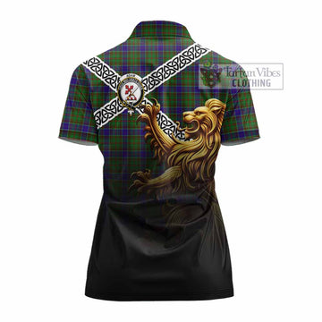 Adam Crest Tartan Women's Polo Shirt with Golden Lion Emblem Celtic Style