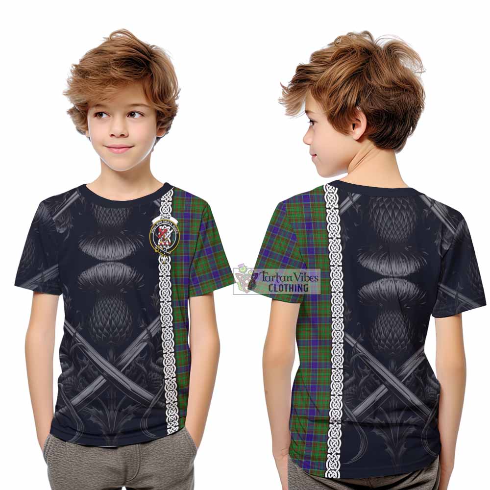 Tartan Vibes Clothing Adam Tartan Kid T-Shirt with Family Crest Cross Sword Thistle Celtic Vibes