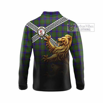 Adam Crest Tartan Long Sleeve Polo Shirt with Golden Lion Emblem Celtic Style