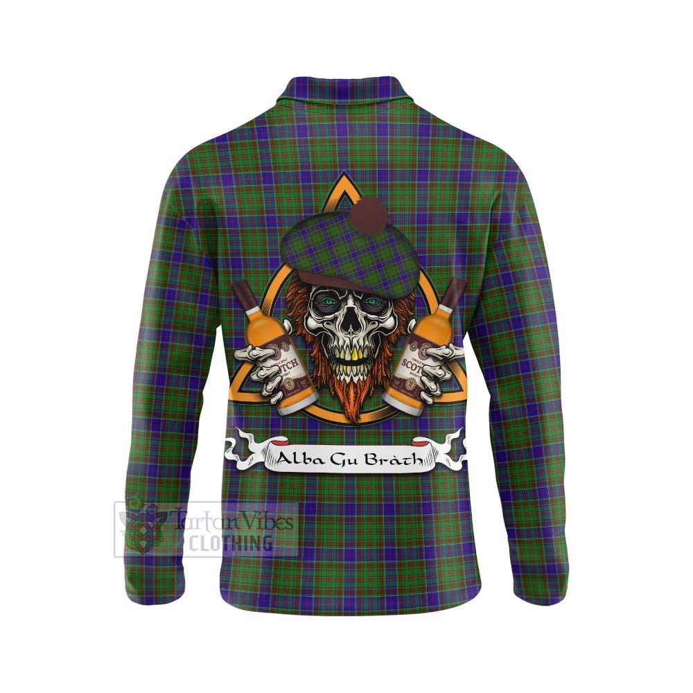 Tartan Vibes Clothing Adam Tartan Long Sleeve Polo Shirt with Family Crest and Bearded Skull Holding Bottles of Whiskey