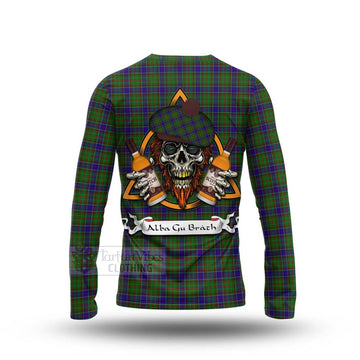 Tartan Vibes Clothing Adam Tartan Long Sleeve T-Shirt with Family Crest and Bearded Skull Holding Bottles of Whiskey