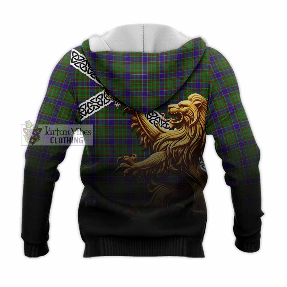 Tartan Vibes Clothing Adam Crest Tartan Knitted Hoodie with Golden Lion Emblem Celtic Style