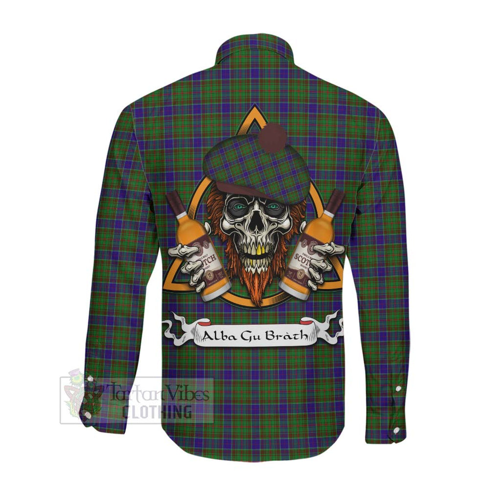Tartan Vibes Clothing Adam Tartan Long Sleeve Button Shirt with Family Crest and Bearded Skull Holding Bottles of Whiskey