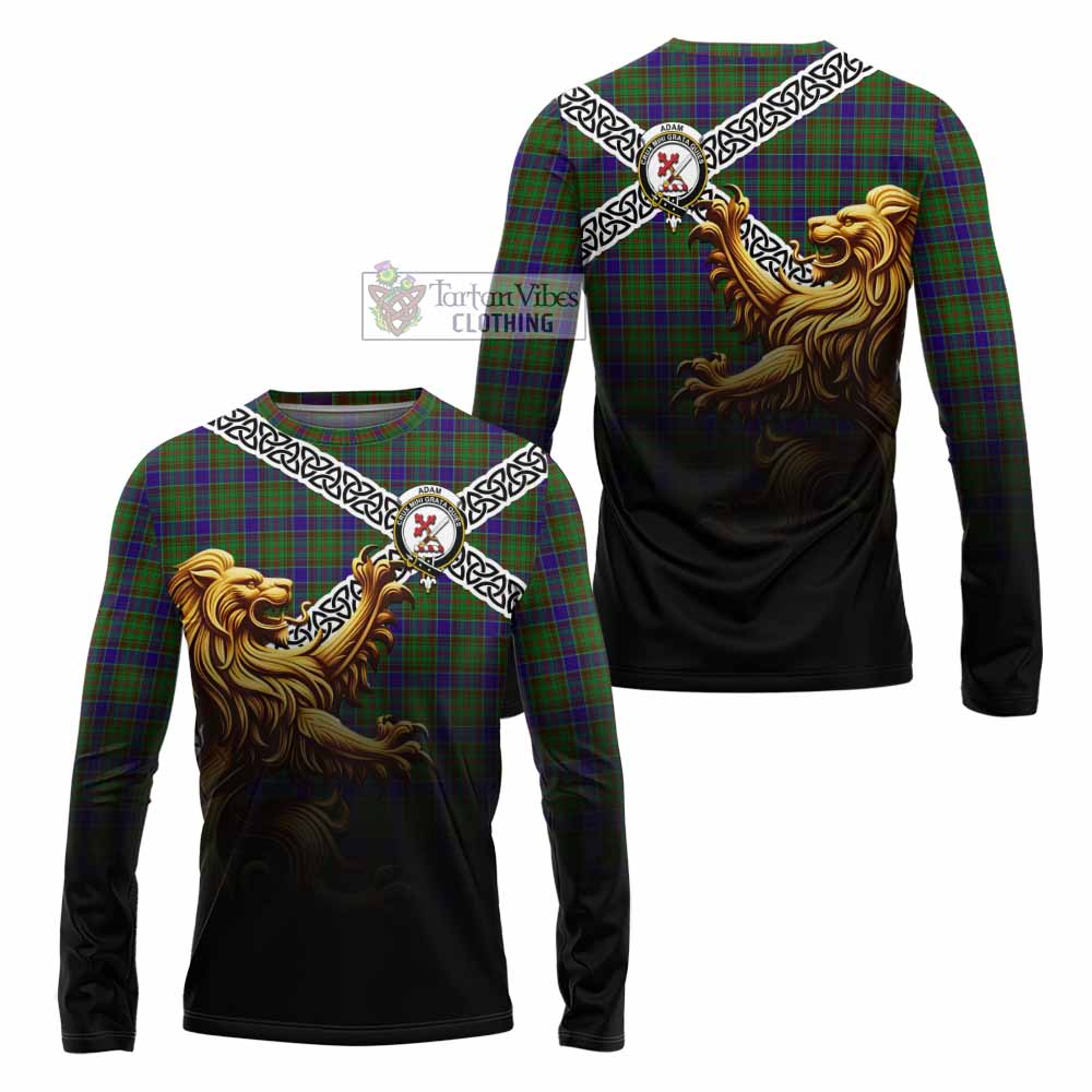 Tartan Vibes Clothing Adam Crest Tartan Long Sleeve T-Shirt with Golden Lion Emblem Celtic Style