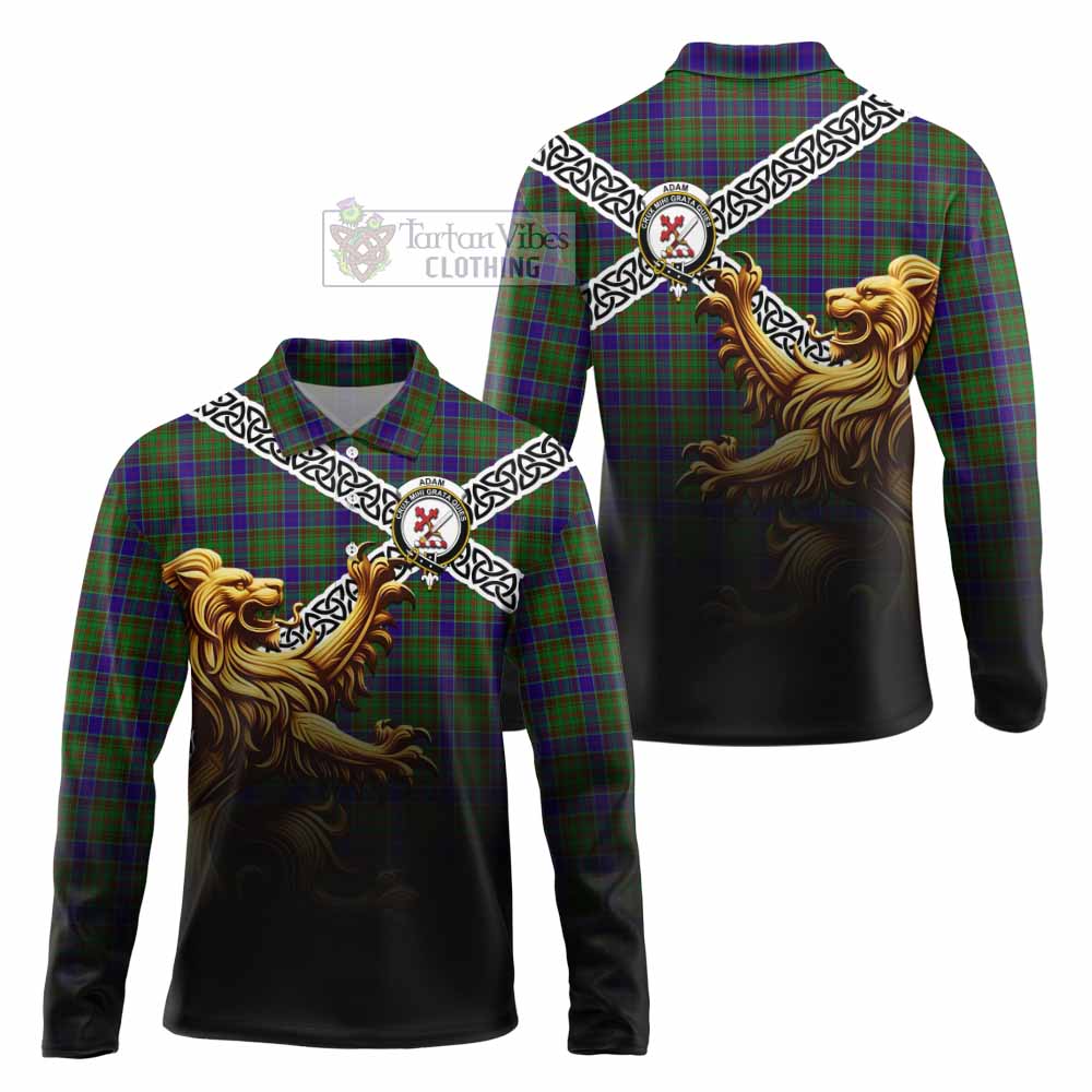 Tartan Vibes Clothing Adam Crest Tartan Long Sleeve Polo Shirt with Golden Lion Emblem Celtic Style