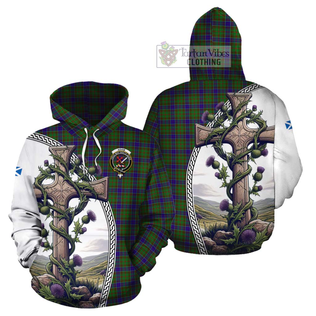 Tartan Vibes Clothing Adam Tartan Cotton Hoodie with Family Crest and St. Andrew's Cross Accented by Thistle Vines