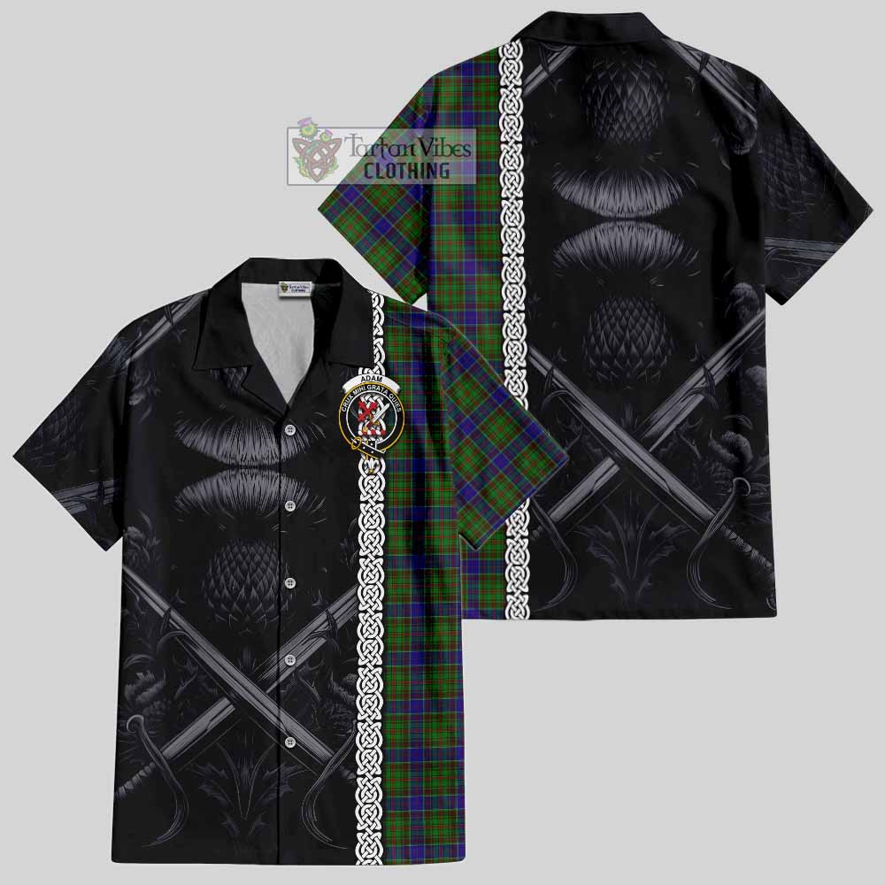 Tartan Vibes Clothing Adam Tartan Short Sleeve Button Shirt with Family Crest Cross Sword Thistle Celtic Vibes